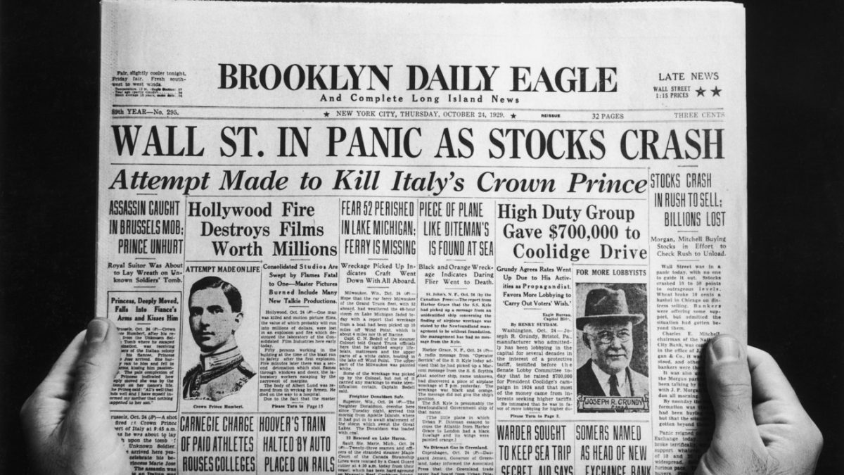 The front page of the Brooklyn Daily Eagle newspaper published on the day of the initial Wall Street Crash of 'Black Thursday', Oct. 24, 1929.